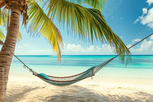 beach setting with a hammock tied between two palm trees