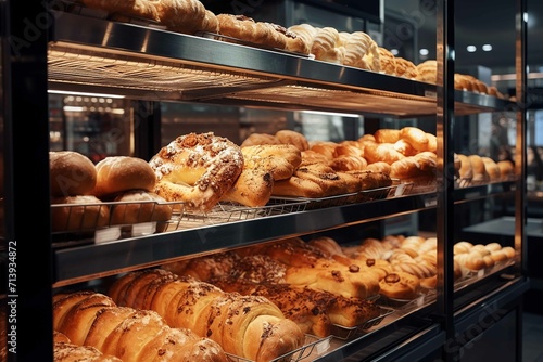 Close up view of freshly baked bakery in hypermarket