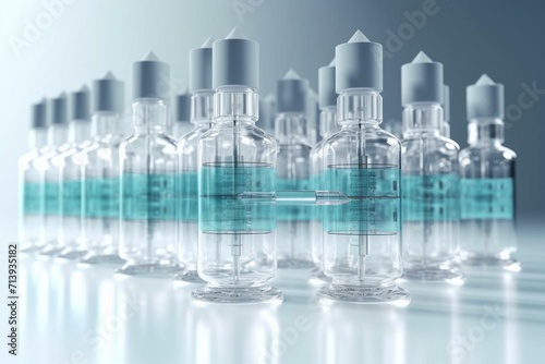 Vaccine vials and syringe on light background. Space for text. 3D illustration. Generative AI