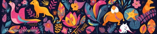 Animals big collection. Animals of Brazil. colorful set of illustrations with tropical flowers, leaves, monkey, flamingo, anteater and birds. Brazil tropical pattern. Rio de janeiro, Generative AI 