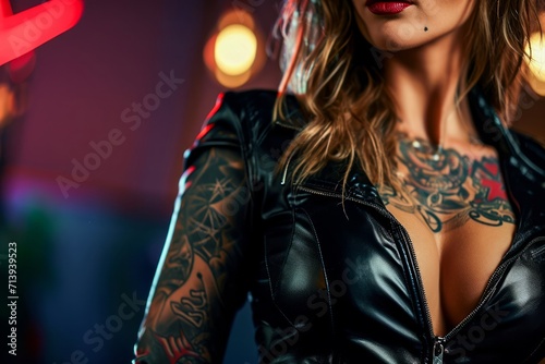 A fierce gothic model with long hair, adorned in leather and latex clothing, gazes boldly with a woman's face covered in striking tattoos, exuding confidence and edgy fashion