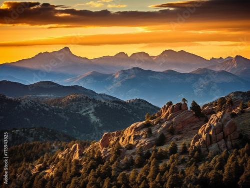 A stunning sunset over the majestic Rocky Mountains with a touch of raw artistic style.