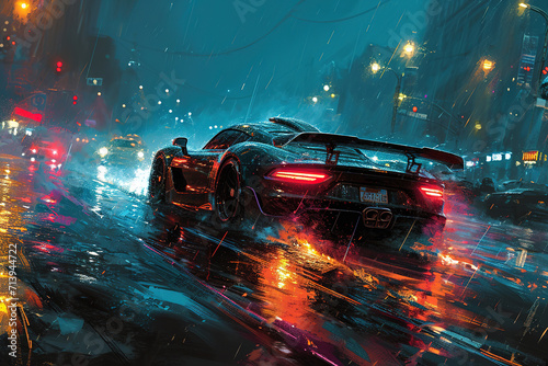 Tuned Sport Car , cyberpunk Retro Sports Car On Neon Highway. Powerful acceleration of a supercar on a night track with colorful lights and trails. 3d render, neons, cybercity background. Generative A