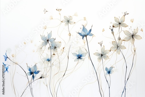 Exquisite delicate wildflowers with thin graceful lines on clean white background