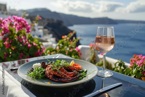 Santorini Delight: Grilled Octopus Tentacles with Lemon and Herbs, Accompanied by a Tomato and Feta Salad and Crisp Rosé, Served for Two on a Sleek Black Table at a Rooftop Restaurant.