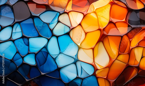 Colorful abstract stained glass pattern with a vibrant mosaic of interconnected shapes in varying shades of blue, orange, and yellow