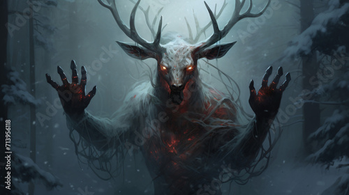 A snowy creature with red eyes and a deers head