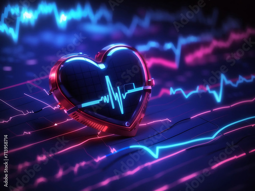 Emergency EKG monitoring. A glowing neon heart pulse. Heartbeat. Electrocardiogram design.
