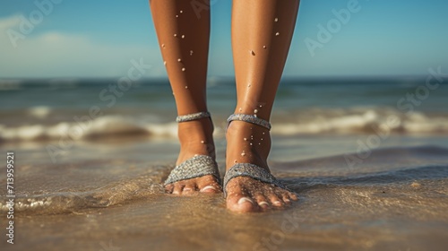 Close up of female legs walking on sandy beach at sunny day.