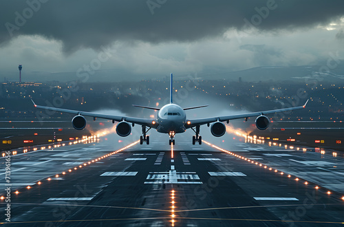 an airplane taking off from the runway of an airport, stock photography