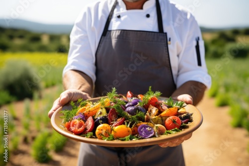 Flavors of Provence: Dive into the Culinary Magic as a Chef Presents a Plate of Ratatouille, Harmonizing with the Lavender Fields and Rustic Villages in the Heart of Provençal Delight.