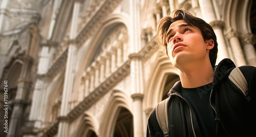 Young handsome man with backpack standing in front of Notre Dame Cathedral in Paris, France