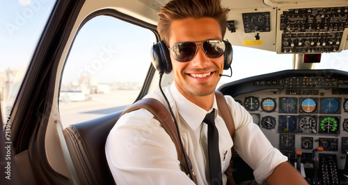 Portrait of a handsome young pilot sitting in the cockpit of a plane