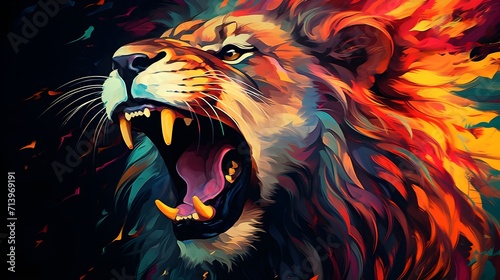 Digital Art: Vibrant Abstract Lion's Roar - A Colorful Symphony of Wildlife Power and Expression