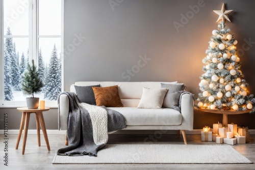 Loveseat sofa with knit blanket and diy abstract wooden christmas tree with glowing lights near window with winter snow forest view. Scandinavian country home interior design of modern living room.