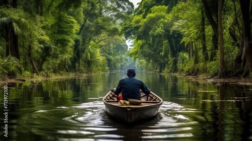 Canoeing the Amazon: A Man Explores the Untamed Beauty of the Rainforest, Paddling a Traditional Canoe Along a Jungle River, Embracing the Adventure in South America's Heart.