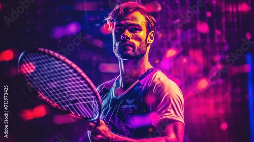 Padel tennis player with racket. Man athlete with paddle racket on court with neon colors. Sport concept. Download a high quality photo for the design.