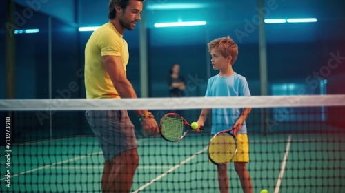 Monitor teaching padel class to man, his student - Trainer teaches boy how to play padel on indoor tennis court.