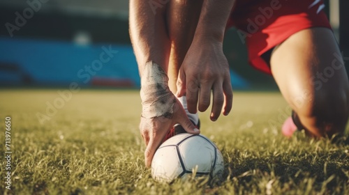 Injury, sports and hand of a man on foot pain, soccer emergency and accident while training. Fitness, problem and an athlete or football player with inflammation or a swollen muscle on the field.