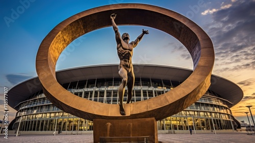 Harmony of Athletics: Statue of Athlete Embraces Olympic Circle Against Modern Olympic Stadium.