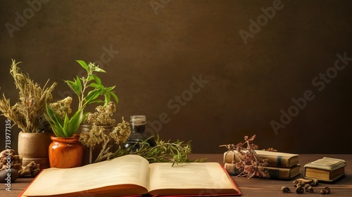 Old Chinese medical texts and plants on the table