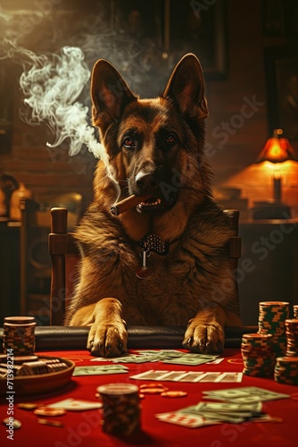A German shepard dog, sitting at a poker table, smoking a cigar, with stacks of dollars on the table, realistic.