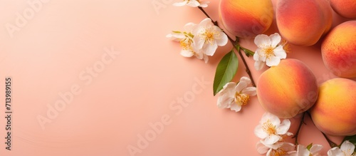 Fresh peaches and jasmine flowers on pastel pink background