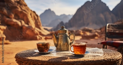 The Tranquil Pleasure of Tea at a Desert Camp with a Mountainous Horizon
