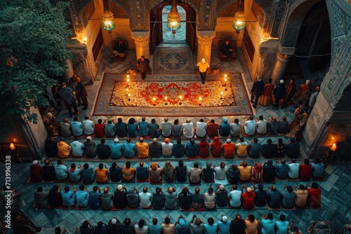 Elevated shot capturing the essence of a congregational prayer in a mosque