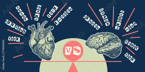 Concept heart VS brain. Vintage design collage poster. Mental health and emotional well-being symbols. Mind-heart balance hand drawn graphic art. Half tone and sketch doodle style. Vector illustration