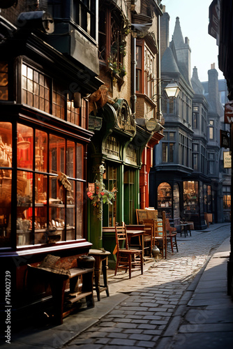 Twilight over a quaint European street, lined with vintage shops and glowing lanterns