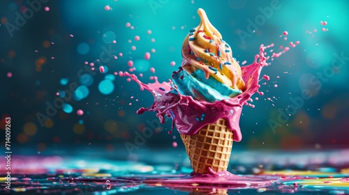 Melting ice cream cone with colored splash. Creative summer background. Refreshment dessert 