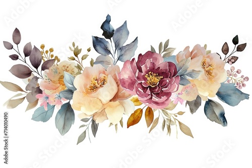 A delicate watercolor painting of a floral arrangement with blush blooms, and foliage on a white background..