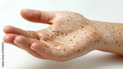 Hand with pigmentation, moles on skin.
