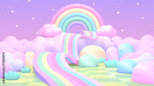 3d rendered cartoon rainbow land.
