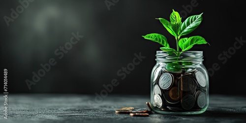 Growth concept with coins and plant symbolizing invest finance business money tree showing economy financial banking success leaf profit savings green nature in jar for retirement income economic