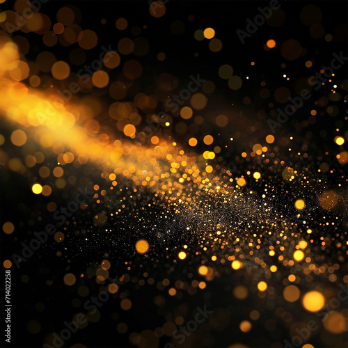 Black festive background with gold sparkles, bokeh. Created with AI