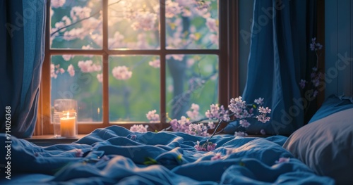 a bed next to a window with blue sheets and a candle