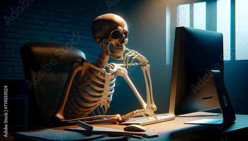 Skeleton with headphones sitting at desk, waiting in front of computer