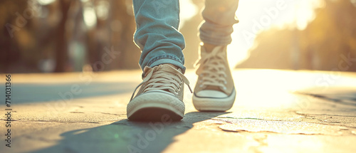 Legs of a young man walking on the stony street. Bright afternoon sunshine. Ground level viewpoint.