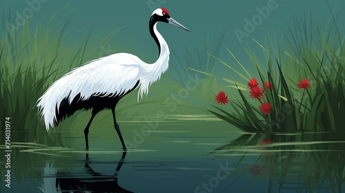 A red-crowned crane gracefully wading in the water