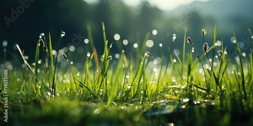 Glistening blades of morning grass, adorned with delicate dew drops, encapsulating the essence of nature's beauty