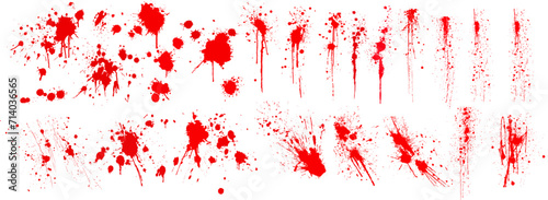 Diverse Blood Splatter Patterns Set for Crime and Horror Design Elements. Dirty collection of paint splatter imitating blood, cut marks, splashes, drops, blots, spray. Isolated on a white backgroud.