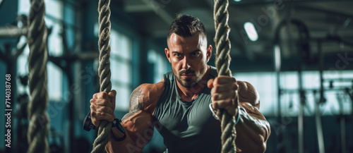 Intense focus: a muscular man conquers the ropes in a gritty gym, embodying strength and determination
