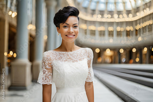 radiant woman with a stylish pixie haircut and a warm smile, wearing a delicate white lace dress, exudes elegance and confidence