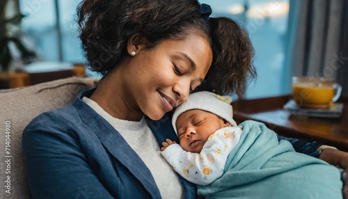 Authentic capture of an African American mother and her newborn baby, sharing a peaceful sleep, radiating love and the unique bond of parenthood