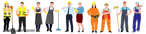 Pair of male and female builders and construction workers in helmets. Vector flat illustration of diverse people working in building industry, men and women architect, painter, engineers and repairman