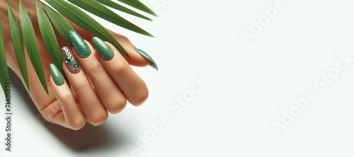 Female hand with vacation stiletto nail design. Glitter green nail polish manicure with rhinestones spider nail art. Female model hand hold tropic leaf on white background. Copy space. 