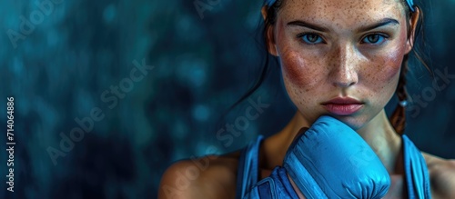 Studio portrait of a fit woman wearing blue boxing bandages.