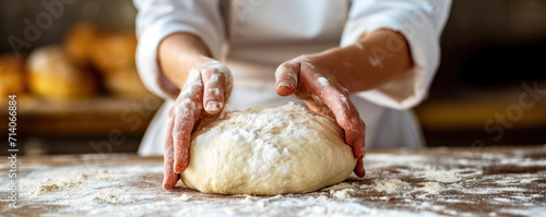 A baker kneads dough on a floured surface, preparing it for baking fresh bread. Hands-focused, bakery atmosphere, culinary craftsmanship at work. Banner with copy space.